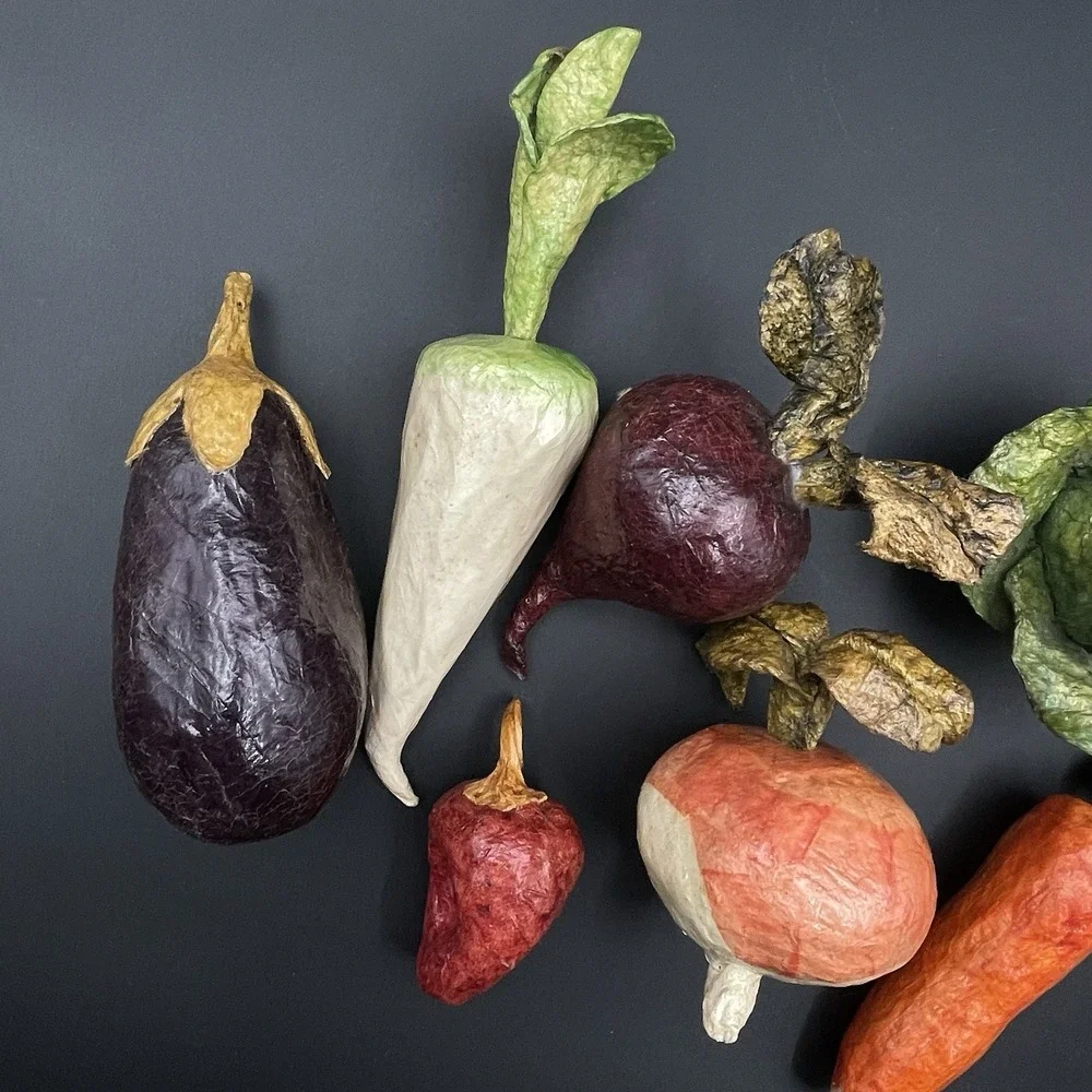 Vintage Paper Mache Vegetable Lot 7 Pc Eggplant Carrot Daikon Beet Cabbage Onion